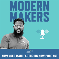 Graphic promoting a podcast with a photo of Adonis Summerville with Modern Makers text behind him.